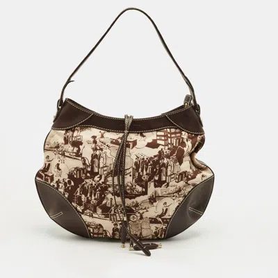 Lancel Graphic Print Dark Brown Canvas And Leather Hobo