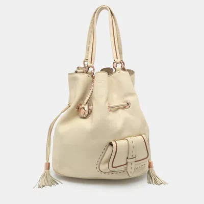 Pre-owned Lancel Premier Flirt Cream Leather Drawstring Bucket Bag In White