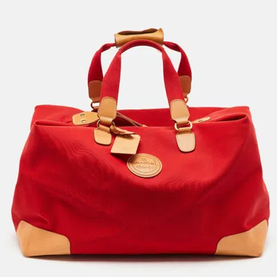 Pre-owned Lancel Red/tan Canvas And Leather Trim Weekend Duffel Bag
