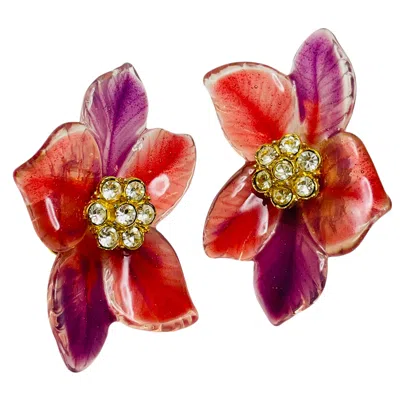 Pre-owned Lancetti Vintage  Made In Italy Signed Gold Flowers Designer Clip On Earrings In Multi