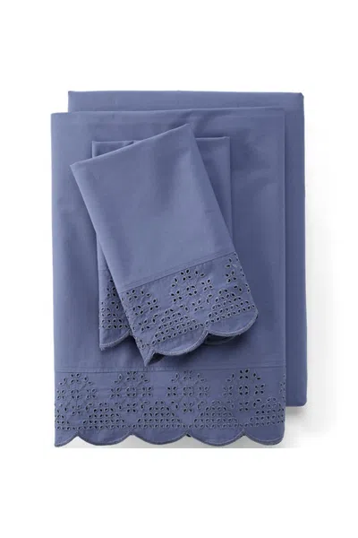 Lands' End 300 Thread Count Cotton Percale Eyelet Bed Sheet Set In Blue