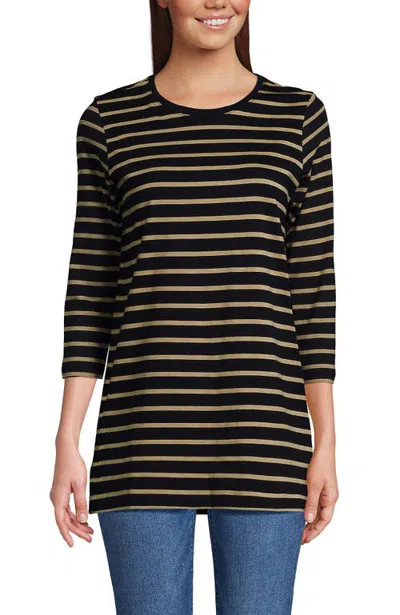 Lands' End 3/4 Sleeve Cotton Supima Tunic In Black/almond Tan Breton Stripe