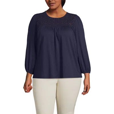 Lands' End 3/4 Sleeve Eyelet Mix Flowy Top In Blue