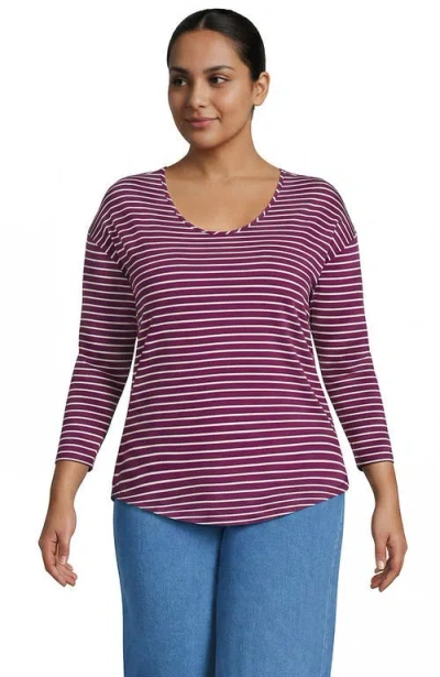 Lands' End 3/4 Sleeve Lightweight Jersey U-neck Tunic In Raspberry/white Narrow Stripe