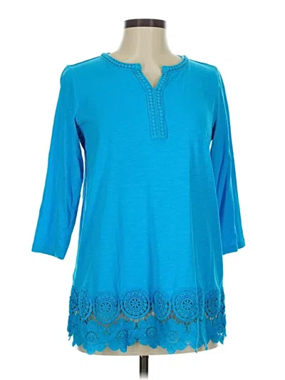 Pre-owned Lands' End 3/4 Sleeve Top Teal Keyhole Neckline Tops In Blue