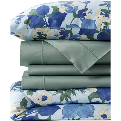 Lands' End 400 Thread Count Premium Supima Cotton No Iron Sateen Duvet Bed Cover In Serene Blue Lilies