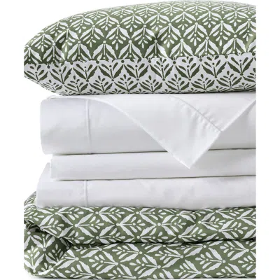 Lands' End 400 Thread Count Premium Supima Cotton No Iron Sateen Duvet Bed Cover In Stone Green Wood Block Floral