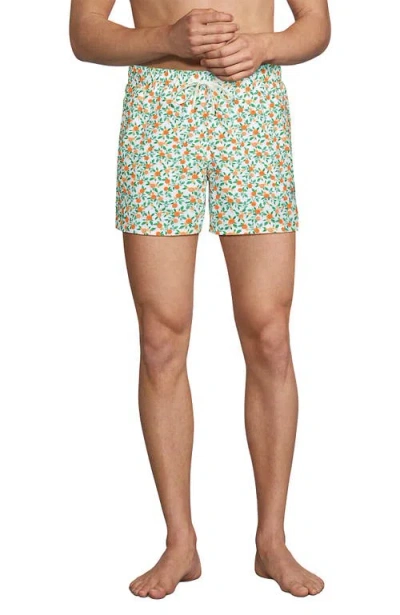 Lands' End 5 Inch Volley Swim Trunk In White/orange Citrus