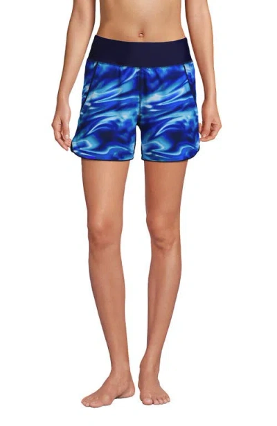Lands' End 5" Quick Dry Elastic Waist Board Shorts Swim Cover-up Shorts With Panty In Electric Blue Multi/swirl