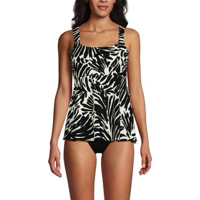 Lands' End Adjustable Scoop Neck Flutter Tankini Top In Black/egret White Leaf Scroll