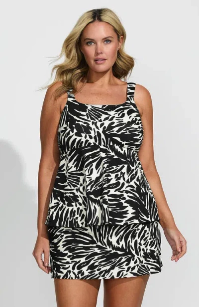 Lands' End Adjustable Scoop Neck Flutter Tankini Top In Black/egret White Leaf Scroll
