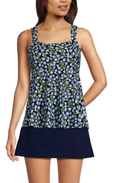 Lands' End Adjustable Scoop Neck Flutter Tankini Top In Navy Mini Bloom Floral