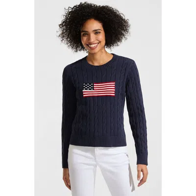 Lands' End American Flag Drifter Cable Sweater In Blue