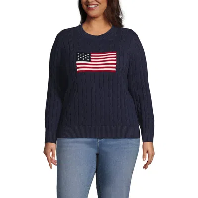 Lands' End American Flag Drifter Cable Sweater In Blue
