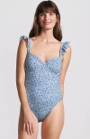 Lands' End Balconette Ruffle High Leg One Piece Swimsuit In Dusk Sky Multi Floral