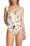 Lands' End Balconette Ruffle High Leg One Piece Swimsuit In White Multi Garden Floral