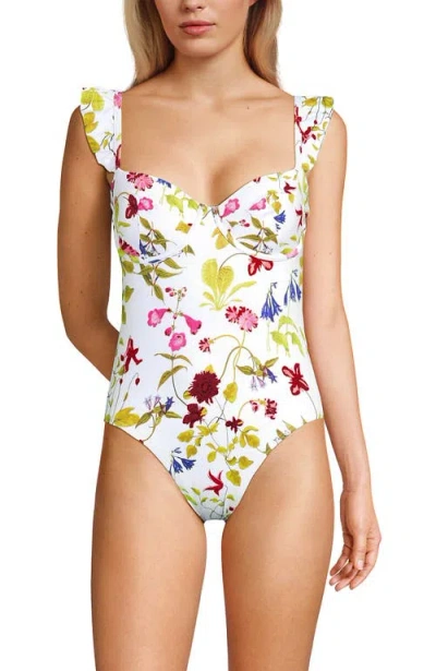 Lands' End Balconette Ruffle High Leg One Piece Swimsuit In White Multi Garden Floral