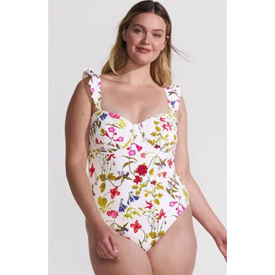 Lands' End Balconette Ruffle High Leg One Piece Swimsuit In White Multi Garden Floral