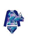 Lands' End Kids'  Girls Plus Chlorine Resistant Rash Guard Bikini Swimsuit Set In Blue Palm Print