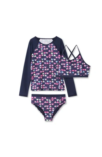 Lands' End Kids'  Big Girls 3 Piece Upf 50 Sun Protection Rash Guard Set In Navy Hearts