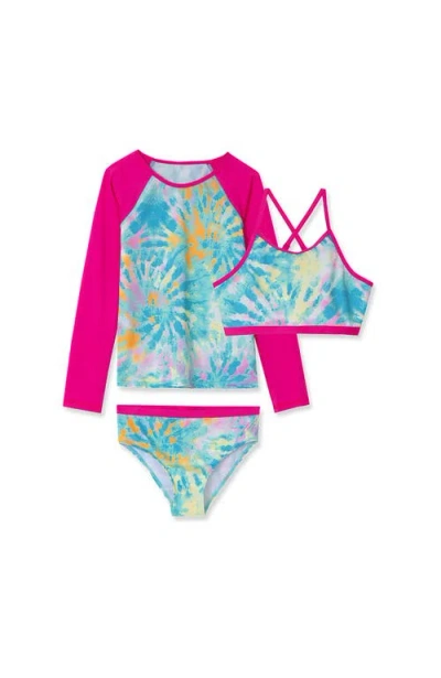 Lands' End Kids'  Big Girls 3 Piece Upf 50 Sun Protection Rash Guard Set In Neon Fuchsia/tie Dye