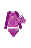 Lands' End Girls Slim Rash Guard Swim Top Bikini Top And Bottoms Upf 50 Swimsuit Set In Neon Purple Sequin Print