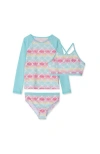 Lands' End Girls Slim Rash Guard Swim Top Bikini Top And Bottoms Upf 50 Swimsuit Set In Water Blue/pastel Shells