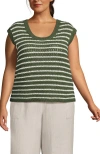 Lands' End Blend Texture U Neck Vest Sweater In Washed Moss/ivory Stripe