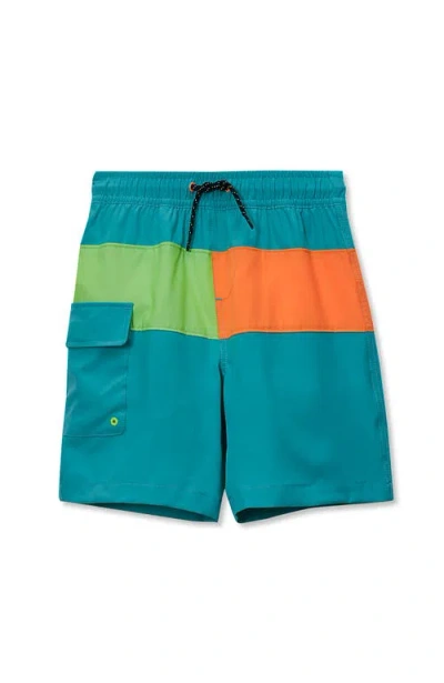 Lands' End Kids'  Boys Chlorine Resistant Colorblock Hydroliner Board Swim Trunks In Green