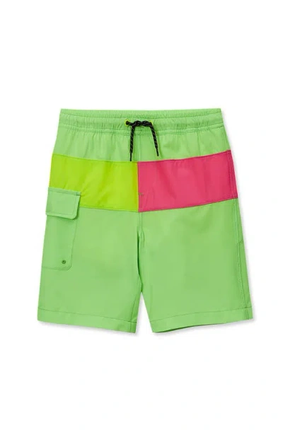 Lands' End Kids'  Boys Chlorine Resistant Colorblock Hydroliner Board Swim Trunks In Green
