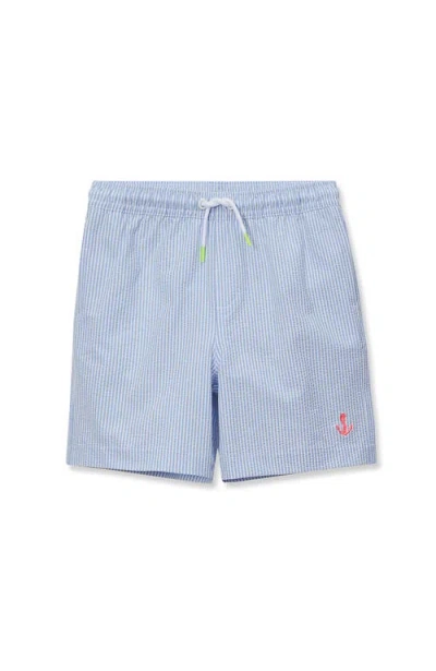 Lands' End Kids'  Boys Chlorine Resistant Seersucker Swim Trunks With Mesh Liner In Blue