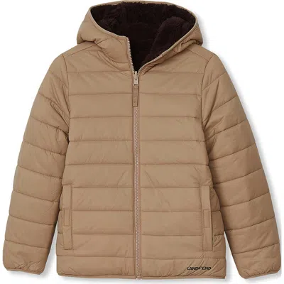 Lands' End Kids'  Boys Featherfree Reversible Hooded Jacket In Khaki/coffee Bean