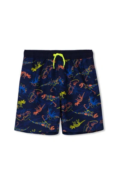 Lands' End Kids'  Boys Print Swim Trunks In Navy Dinos