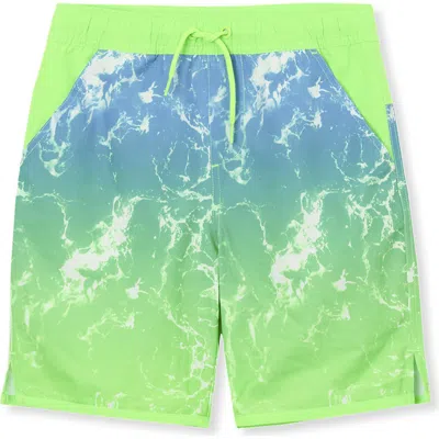 Lands' End Kids'  Boys Stretch Hydroliner Sport Swim Trunk In Neon Green Waves