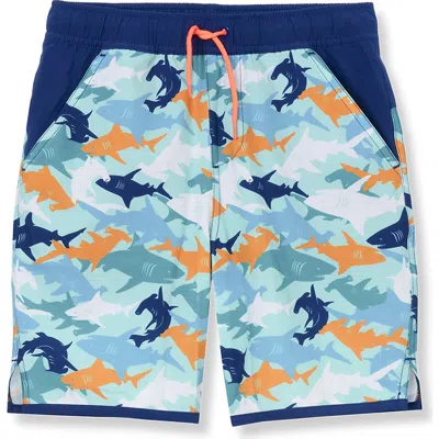 Lands' End Kids'  Boys Stretch Hydroliner Sport Swim Trunk In Orange/teal Sharks