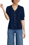 Lands' End Button Pintuck Puff Sleeve Top In Deep Sea Navy