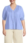 Lands' End Button Pintuck Puff Sleeve Top In Light Periwinkle