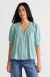 Lands' End Button Pintuck Puff Sleeve Top In Pale Teal