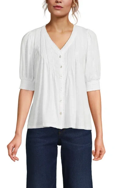 Lands' End Button Pintuck Puff Sleeve Top In White