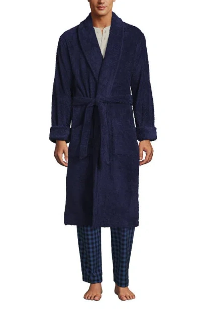 Lands' End Calf Length Turkish Terry Robe In Deep Sea Navy
