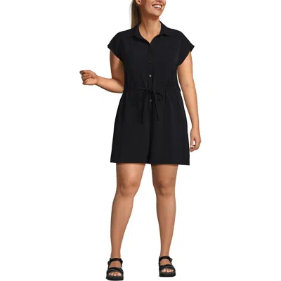 Lands' End Cap Sleeve Creaseless Button-down Romper In Black