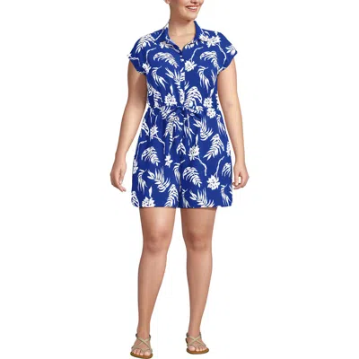 Lands' End Cap Sleeve Creaseless Button-down Romper In Blue