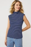 Lands' End Cap Sleeve Drapey Rib Fitted Funnel Neck Tank In Deep Sea Navy/ivory Stripe