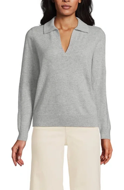 Lands' End Cashmere Johnny Collar Sweater In Light Gray Heather