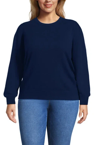 Lands' End Cashmere Puff Sleeve Crew Neck Sweater In Blue