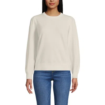Lands' End Cashmere Puff Sleeve Crew Neck Sweater In White