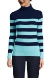Lands' End Cashmere Turtleneck Sweater In Deep Sea Navy/aqua Stripe
