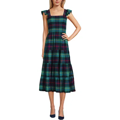 Lands' End Chambray Smocked Dress With Ruffle Straps In Drake Green/navy/red Plaid