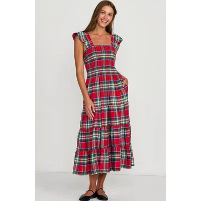 Lands' End Chambray Smocked Dress With Ruffle Straps In Heritage Red Plaid