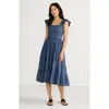 Lands' End Chambray Smocked Dress With Ruffle Straps In Medium Indigo Chambray